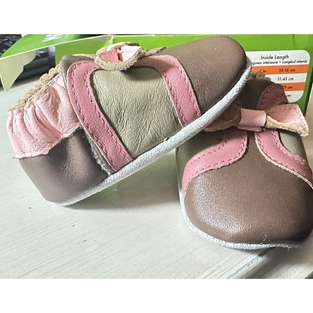 Momo Baby 0-6 Month Soft Sole Bootie Leather Baby Shoes Brown‎ And Pink Bow New